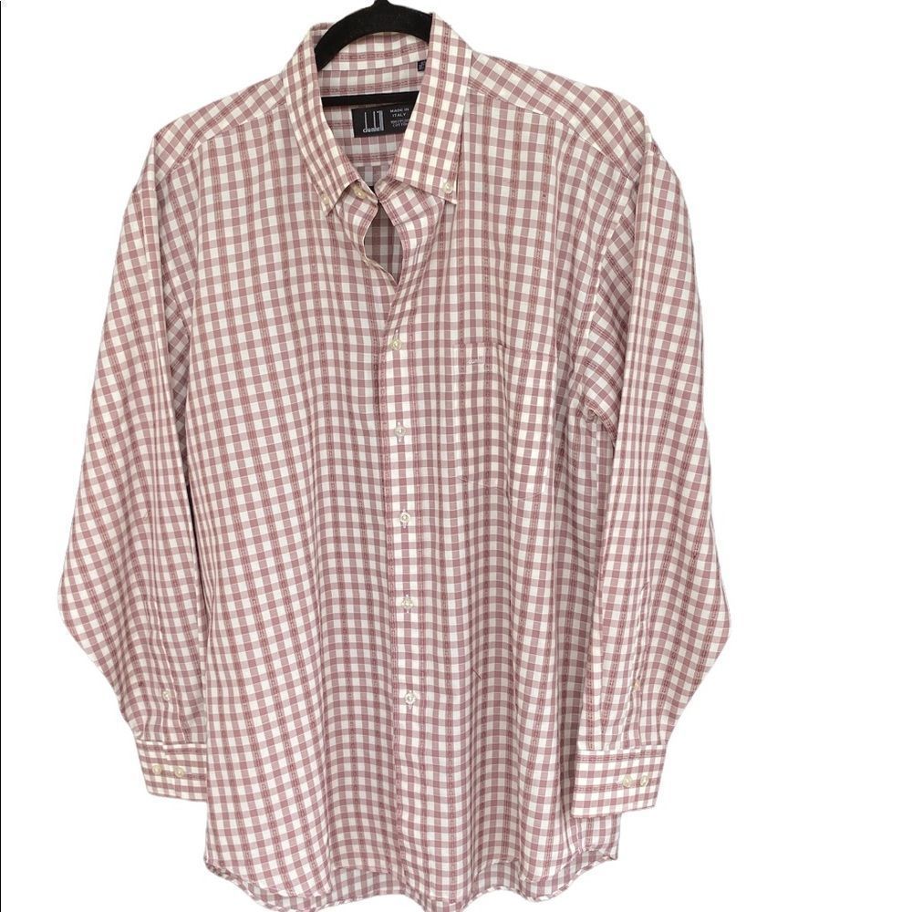 Dunhill Sz 18.5 33-34 Faded Pink White Plaid Stitching Details Button Down Shirt